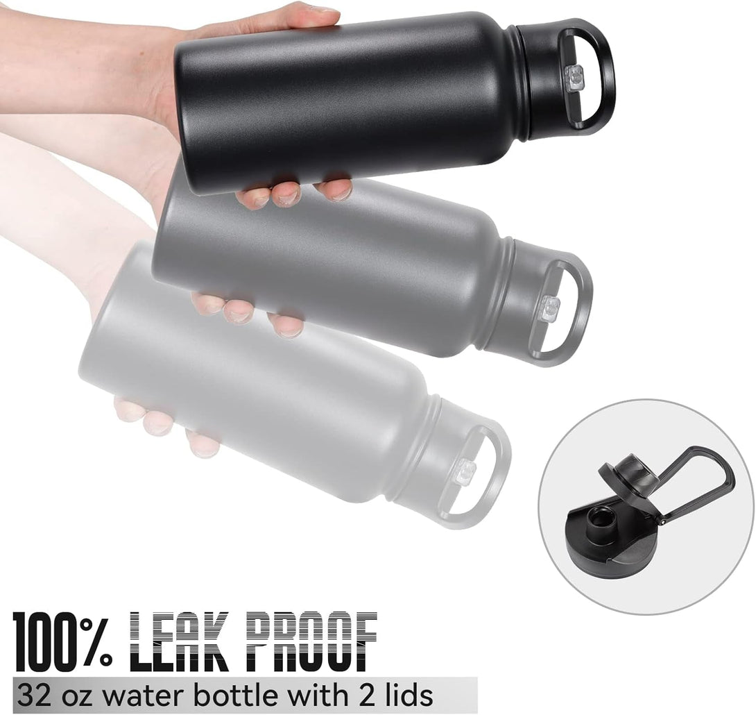 32 Oz Insulated Water Bottle with Straw Lid & Wide Mouth Lids, Stainless Steel Sports Water Bottles, Double Walled Vacuum, Leak Proof, Black