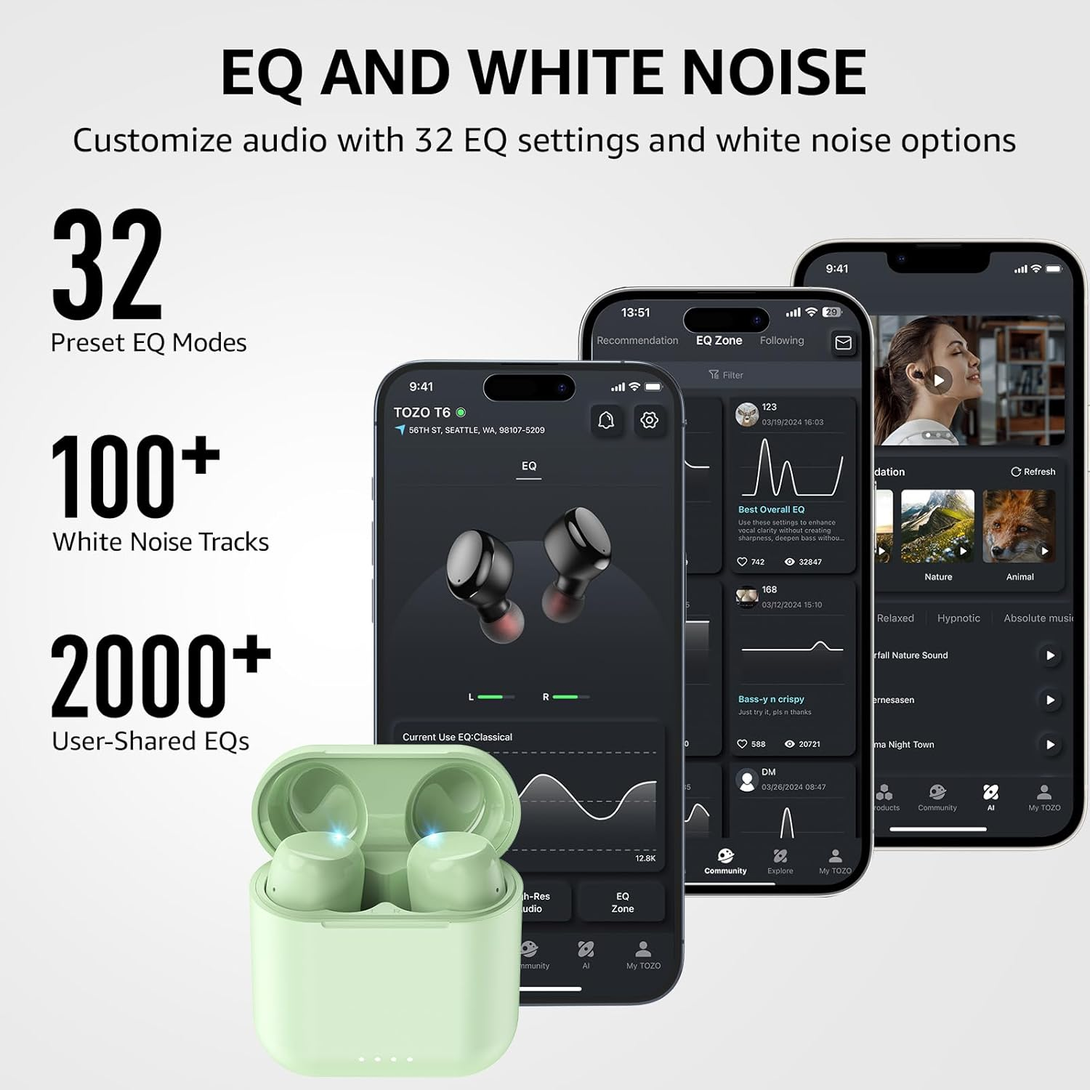 TOZO T6 (Ergonomic Edition) Wireless Earbuds Bluetooth 5.3 Headphones, Ergonomic