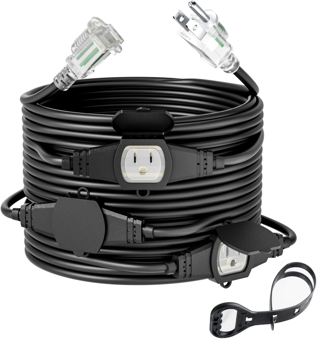 25FT 14 Gauge Outdoor Power Extension Cord,Four Outlet Cable.Multiple Evenly-Spa