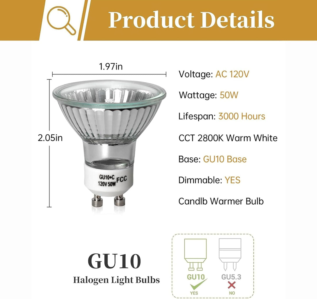 120V 50W GU10 Bulb for Candle Warmer Lamp, 2Pcs Gu10+C Dimmable 2800K Warm White Halogen Light Bulbs 2 Pin, Wax Burner Light Bulb, Full Glass Cover Reflector Track & Recessed Light Bulbs