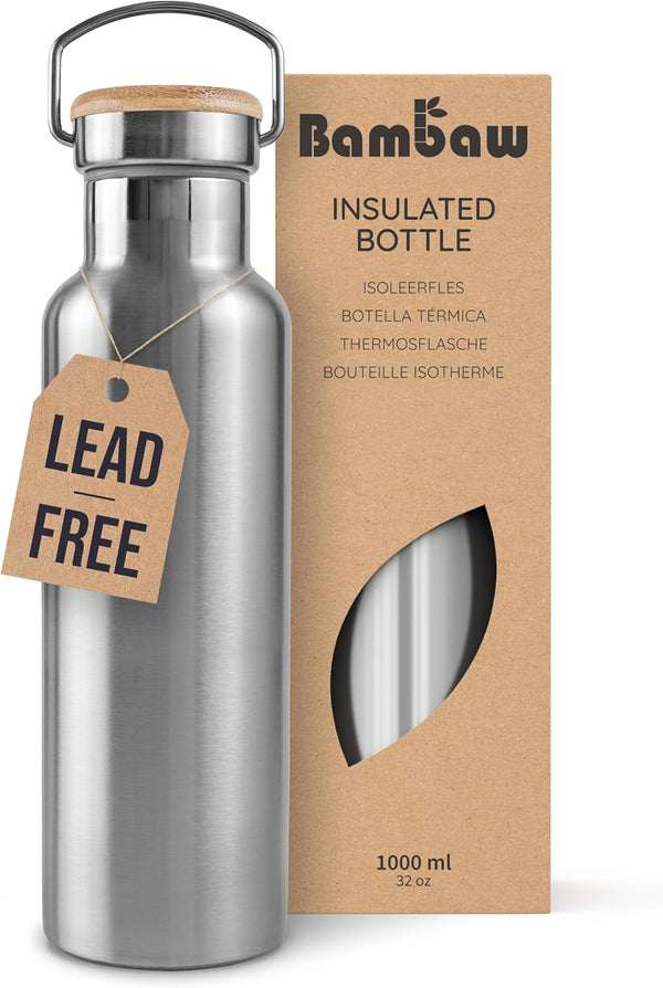 Bambaw 32 Oz Water Bottle | Insulated Water Bottles | Water Bottle Stainless Steel | Insulated Travel Water Bottle | Insulated Water Bottle | Stainless Steel Water Bottles | 1 Liter Water Bottles