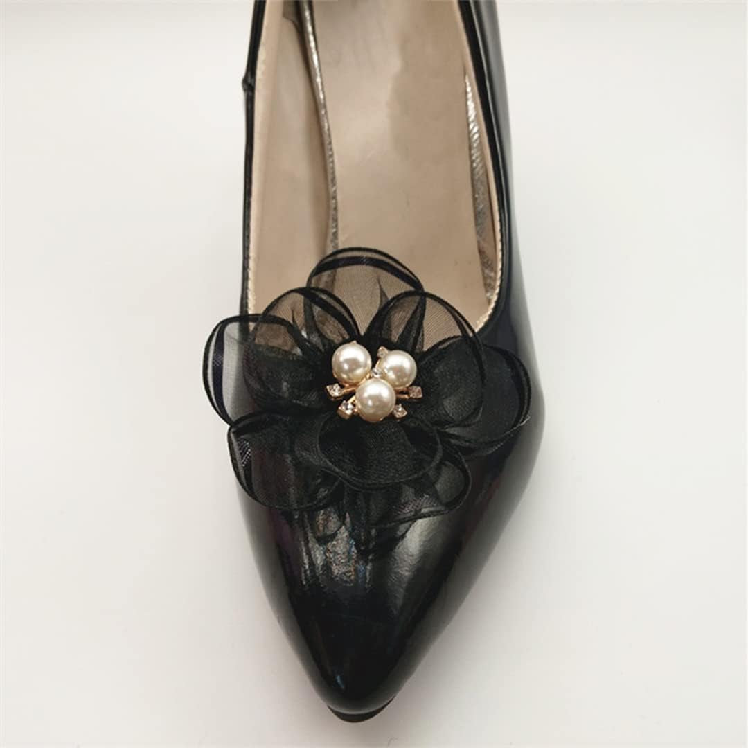 Tsangbaby 2 Pcs Pearl Flowers Shoe Clips Exquisite Rhinestone Shoes Charms Lace Floral Shoe Accessory for Wedding Pointed Toe Pumps