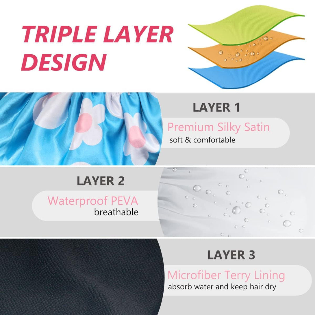 Aquior Shower Cap,Extra Large Triple Layer Bathing Cap with Dry Hair Function for Women Microfiber Terry Cloth Silky Satin 100% Waterproof Reusable Long Hair Bath Caps (Light Blue Flora)