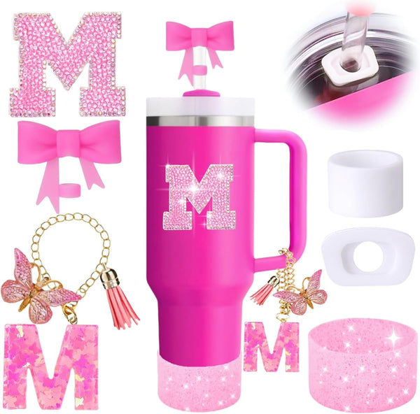 6PCS Pink Stanley Cup Accessories Set, Initials Decorations for Stanley Cup 30Oz 40Oz, Includes Bow Straw Topper, Handle Charm, Letter Sticker, Silicone Boot, Spill Proof Stopper (Letter M)