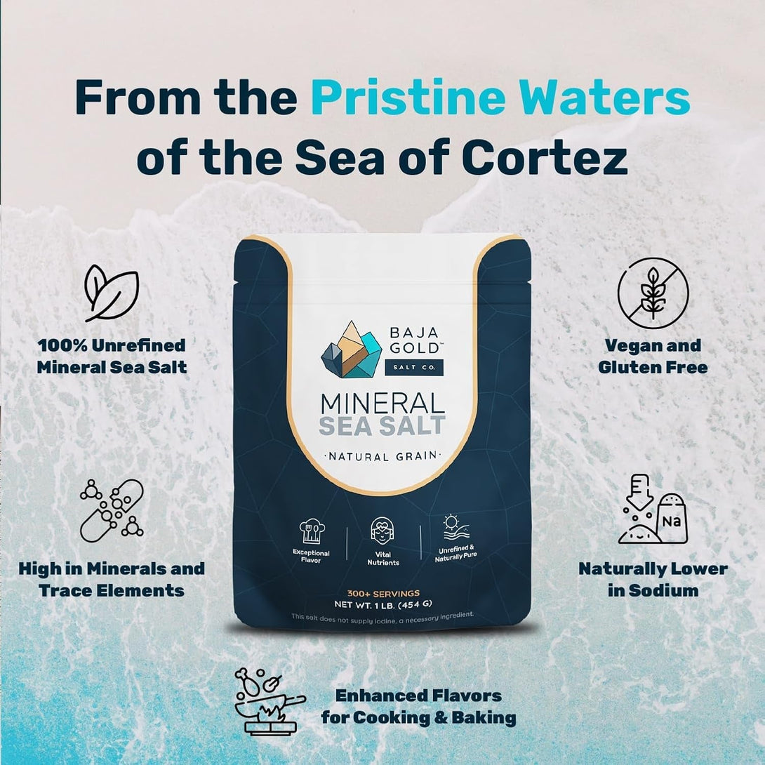 Baja Gold Mineral Sea Salt - Organic Natural Grain Salt for Cooking & Baking | Authentic Baja Salt | Ideal for All Culinary Creations | 1 Lb. Resealable Bag, 300+ Servings