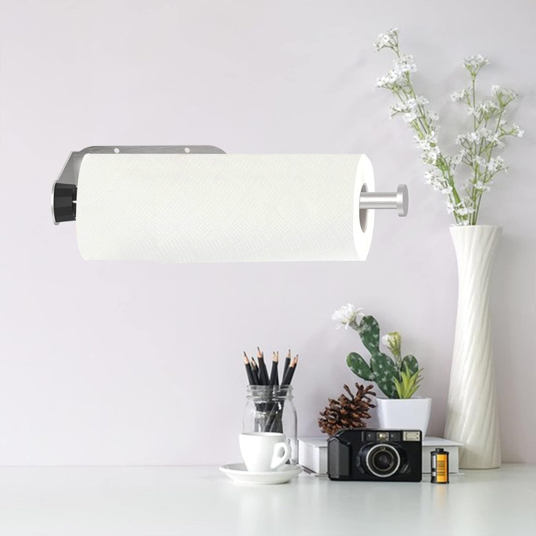 Paper Towel Holder under Cabinet Brushed Nickel Wall Mount Paper Towel Holder with Damping Single Hand Operable, under Counter Paper Towel Racks with Self-Adhesive and Screw for Kitchen Bathroom