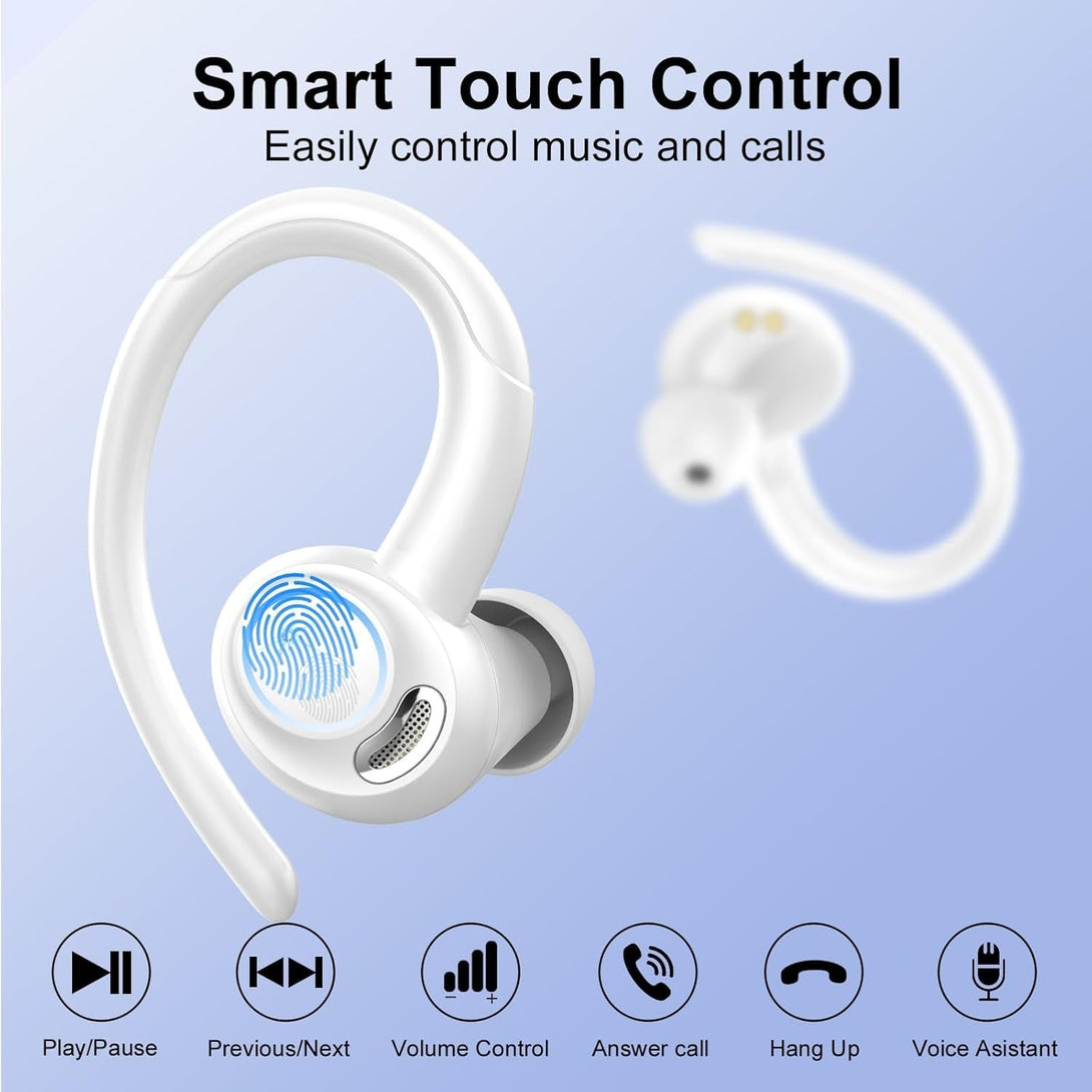 Headphones Wireless Earbuds Sport, Bluetooth 5.3 over Ear Buds Stereo Deep Bass Headset with Earhooks, 48H Wireless Earphones with HD Mic, IP7 Waterproof Earbud for Sports/Running/Workout White