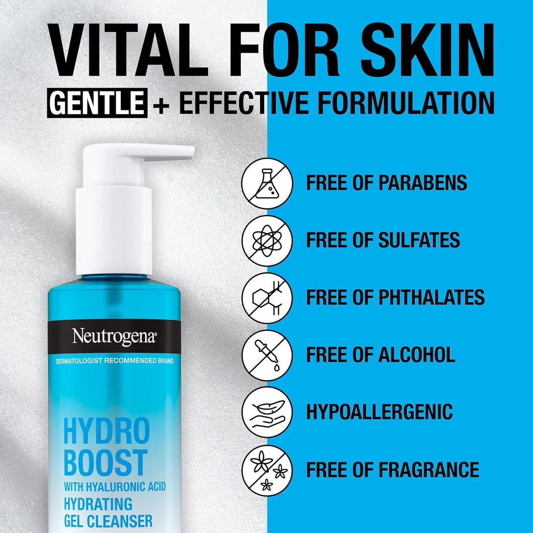 Neutrogena Hydro Boost Fragrance Free Hydrating Gel Facial Cleanser with Hyaluronic Acid, Daily Foaming Face Wash & Makeup Remover, Gentle Face Wash, Non-Comedogenic, 7.8 Fl. Oz