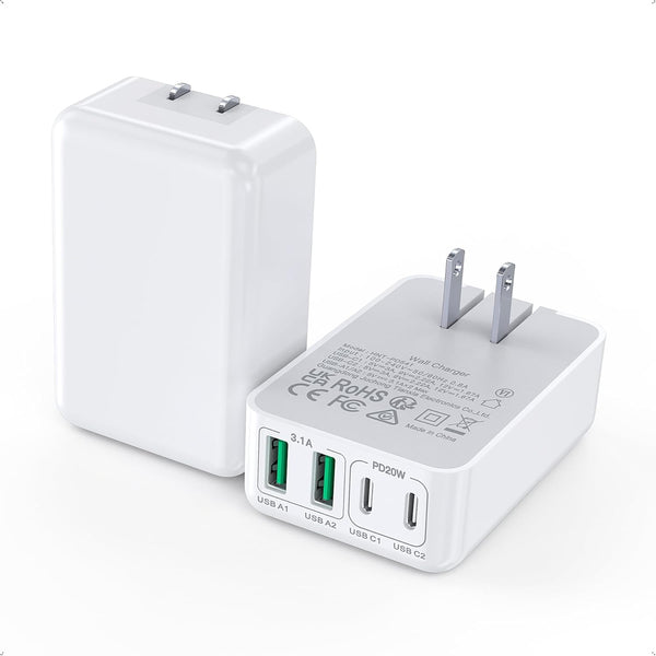 2Pack Flat USB C Wall Charger,40W 4Ports Foldable & Slim Fast Charging Block,Type C Cube Box Multiport Power Adapter Plug Brick Compatible with Iphone 16/15/14,Samsung,Pixel, Airpods4,Watch10