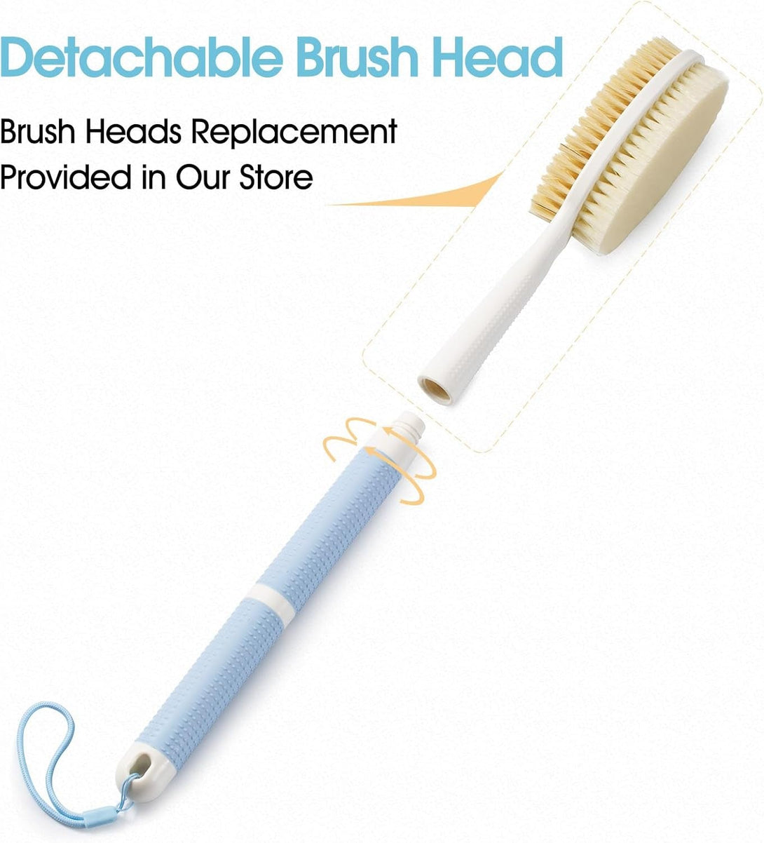 Back Scrubber anti Slip for Shower with Detachable Brush Head,19" Shower Brush with Soft and Stiff Bristles,Long Handle Exfoliating Body Scrubber for Bath or Dry Brush.