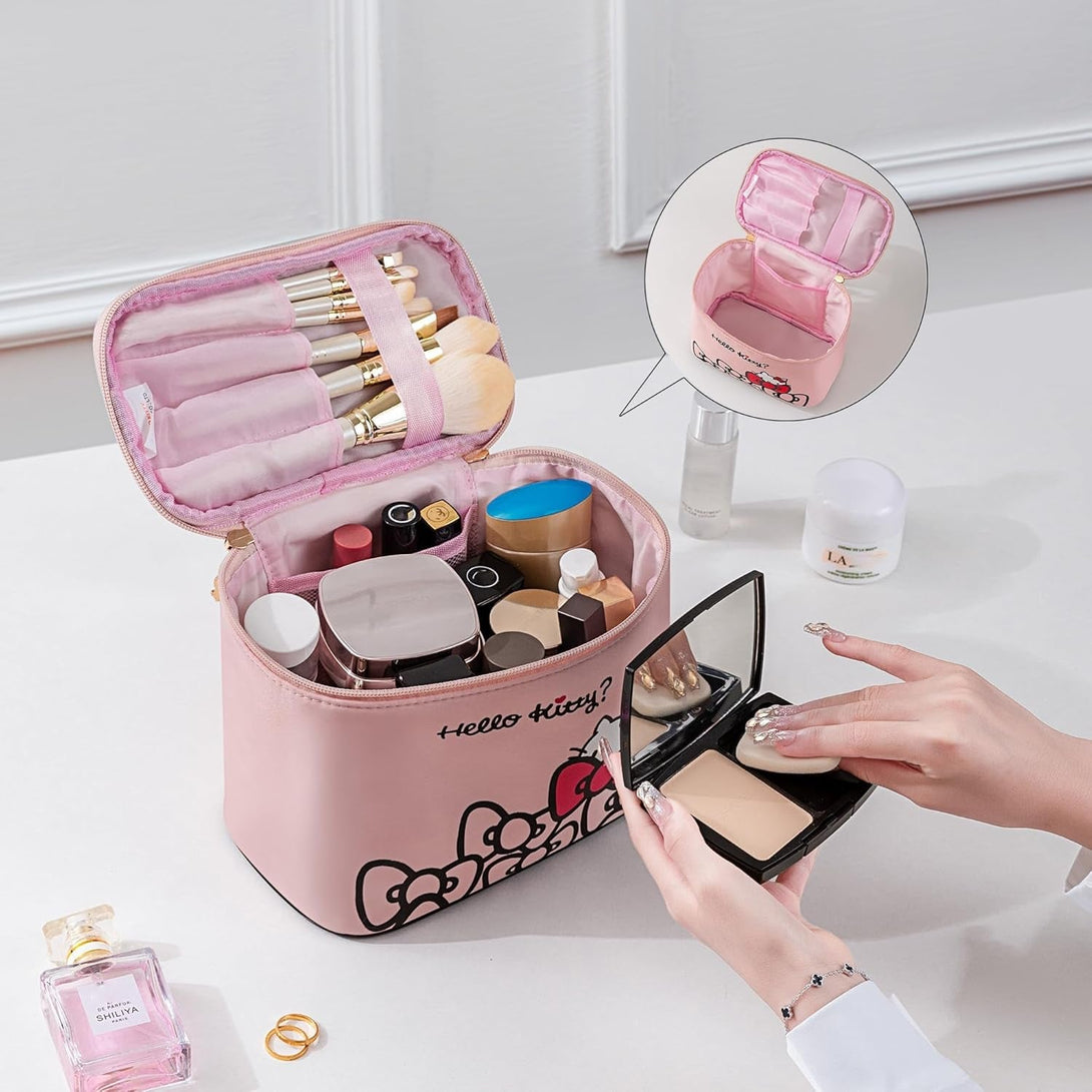 Ambealla Travel Makeup Bag Large Cosmetic Bags with Brush Holder, Pink Waterproof 2PCS Portable Cosmetic Case for Women, Toiletry Storage Bag for Skincare & Beauty Tools for Girls