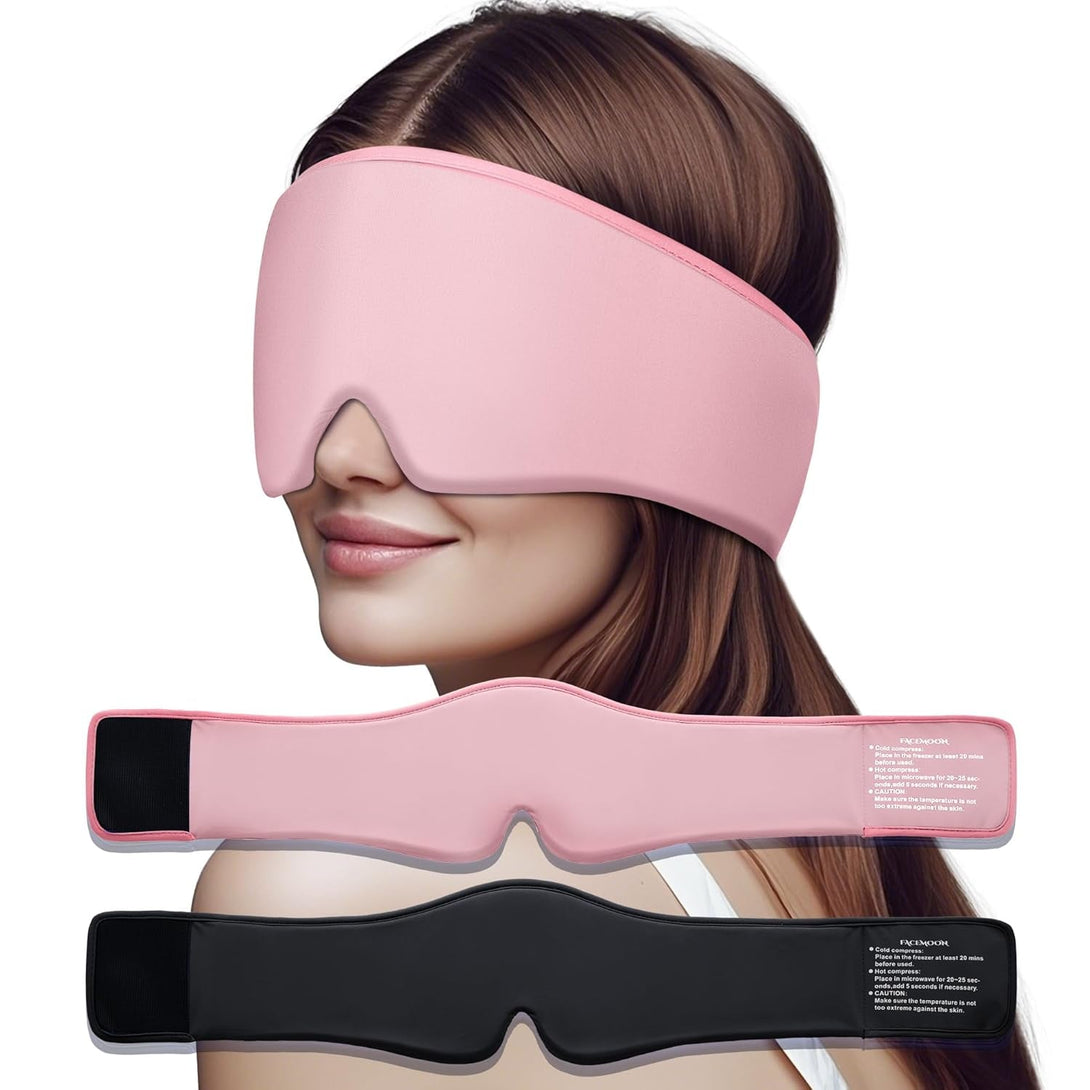 2 Pack Cooling Gel Eye Mask - Puffy Eyes, Dark Circles, Migraine Relief, FACEMOON Reusable Sleep Mask for Ice Cold Compress, Long Lasting Comfort for Dry Eyes, Stress Relief(Black,Pink)