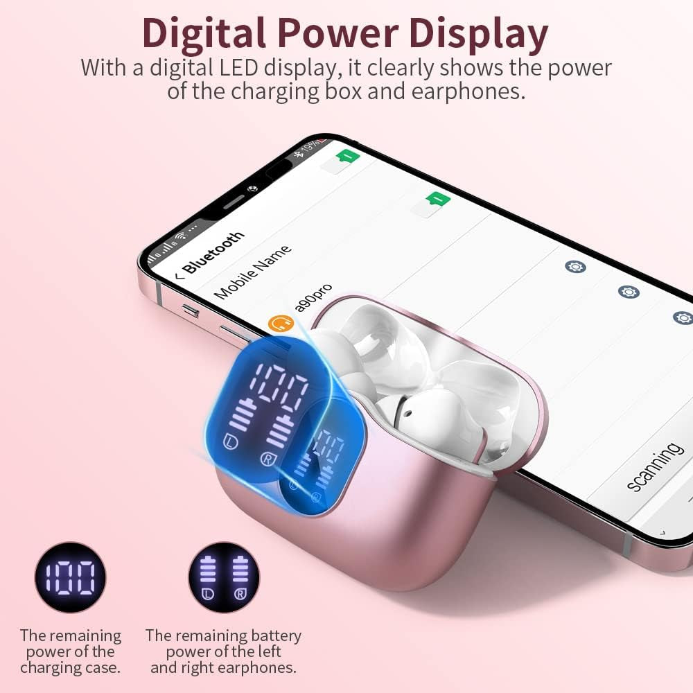 Wireless Earbuds Bluetooth 5.4 Headphones Bass Stereo Ear Buds with Noise Cancelling Mic LED Display in Ear Earphones IP7 Waterproof 36H Playtime for Laptop Pad Phones Sports Workout Rose Gold