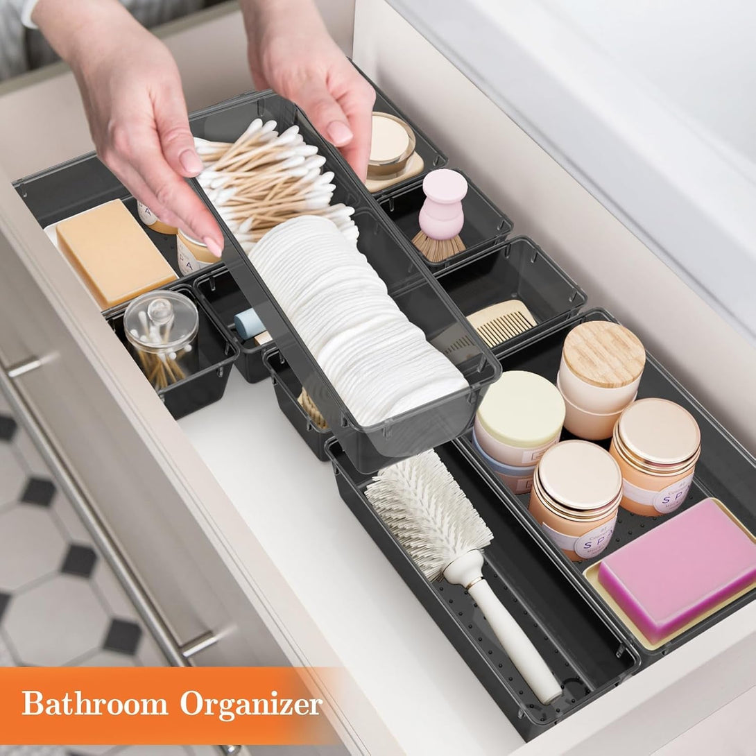 25 PCS Plastic Drawer Organizer Set, 4-Size Versatile Organizer Trays & Storage Bins for Makeup, Jewelry, and Gadgets in Bathroom, Bedroom and Office, Black
