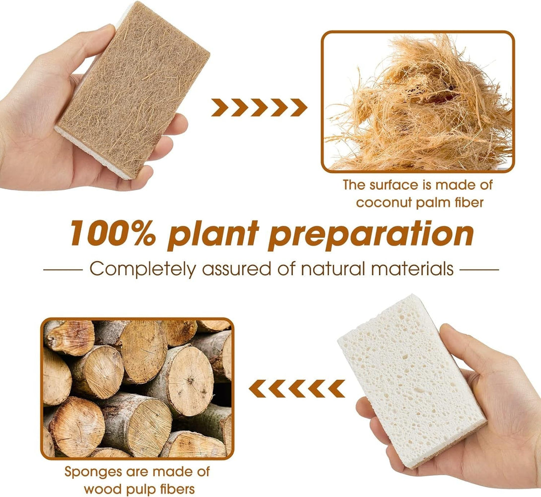 10 Pack Nature Dish Sponge - Natural Kitchen Sponge - Coconut Fiber and Wood Cellulose Scrubber Sponge