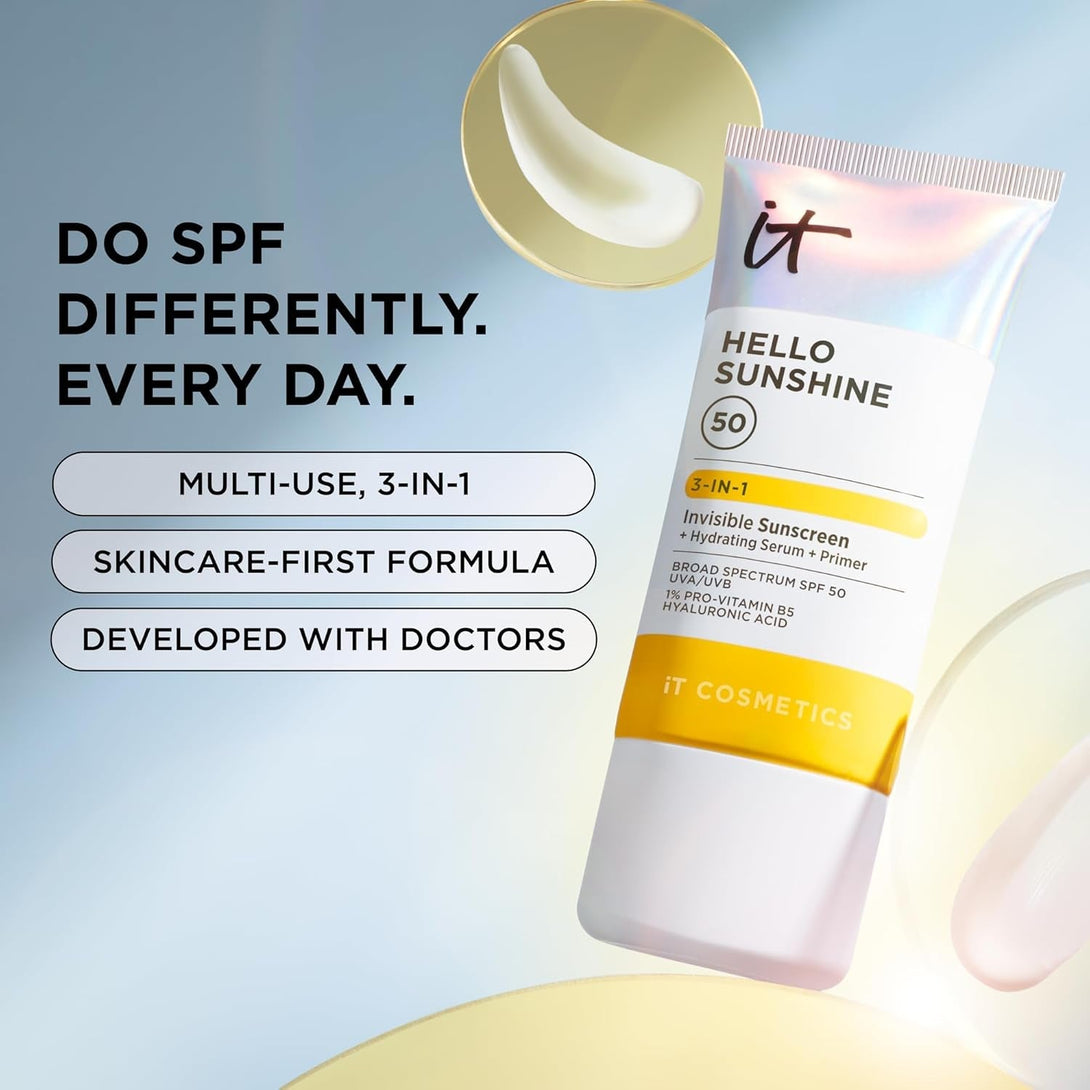 IT Cosmetics Hello Sunshine Invisible Sunscreen for Face SPF 50 - Sunscreen, Hydrating Serum & Makeup Primer - 1% Pro-Vitamin B5 & Hyaluronic Acid - HSA/FSA Eligible - No White Cast