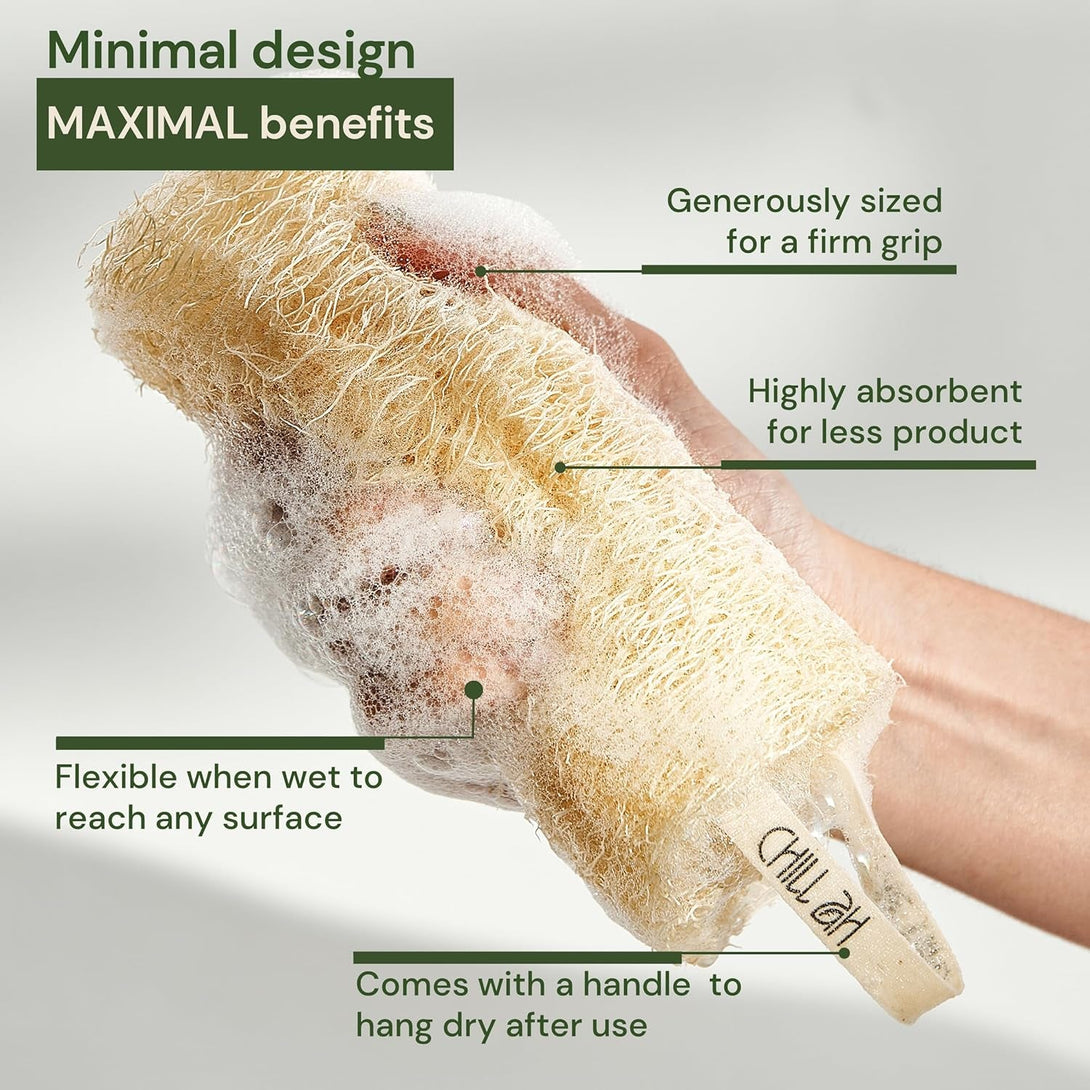 Chill Ah Green Glow Natural Loofah Sponge Set – 100% Plant-Based, Dye-Free, Biodegradable, Scratch-Free, Handcrafted in Vietnam (4-Pack)