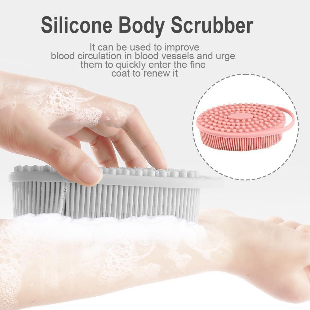 Silicone Body Scrubber, Exfoliating Silicone Loofah, Soft Silicone Body Shower, 2 in 1 Bath and Shampoo Brush, Body Scrubber Shower Cleaning for Sensitive Skin, Lather Well 2 PCS Grey and Pink
