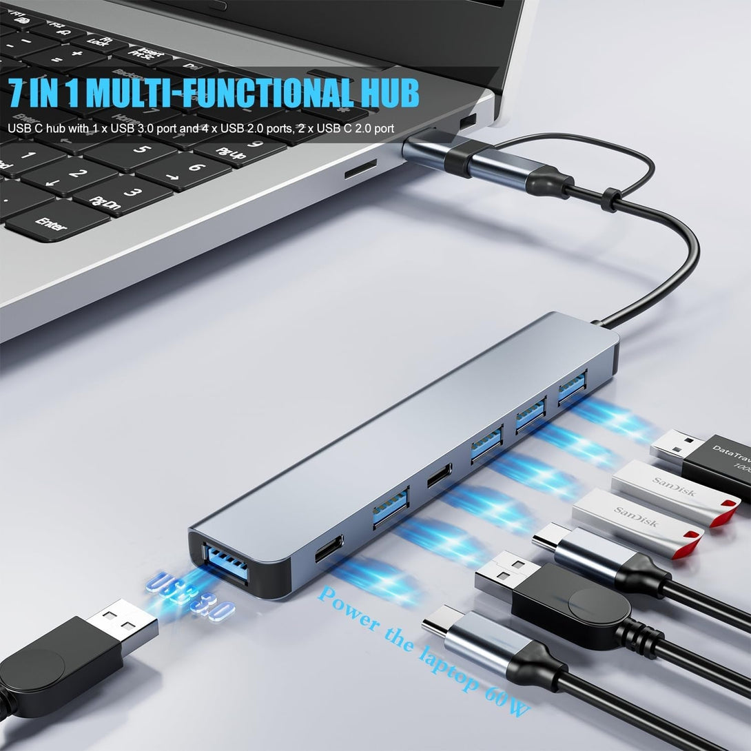 【Upgrade】 USB C/USB Hub, BERLAT Aluminum 7 in 1 USB C & USB Hub with USB 3.0, USB 2.0 Ports for Pc/Laptops/Macbook Pro/Air/Imac/Ipad and More Devices