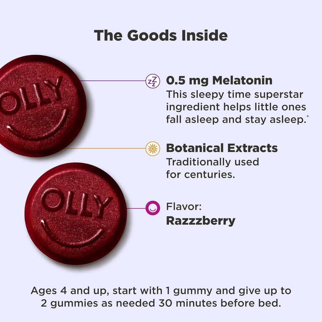 OLLY Kids Sleep Gummy, 0.5Mg Melatonin, L Theanine, Chamomile, and Lemon Balm, Childrens Chewable Supplement, Occasional Sleep Support, Raspberry - 60 Count