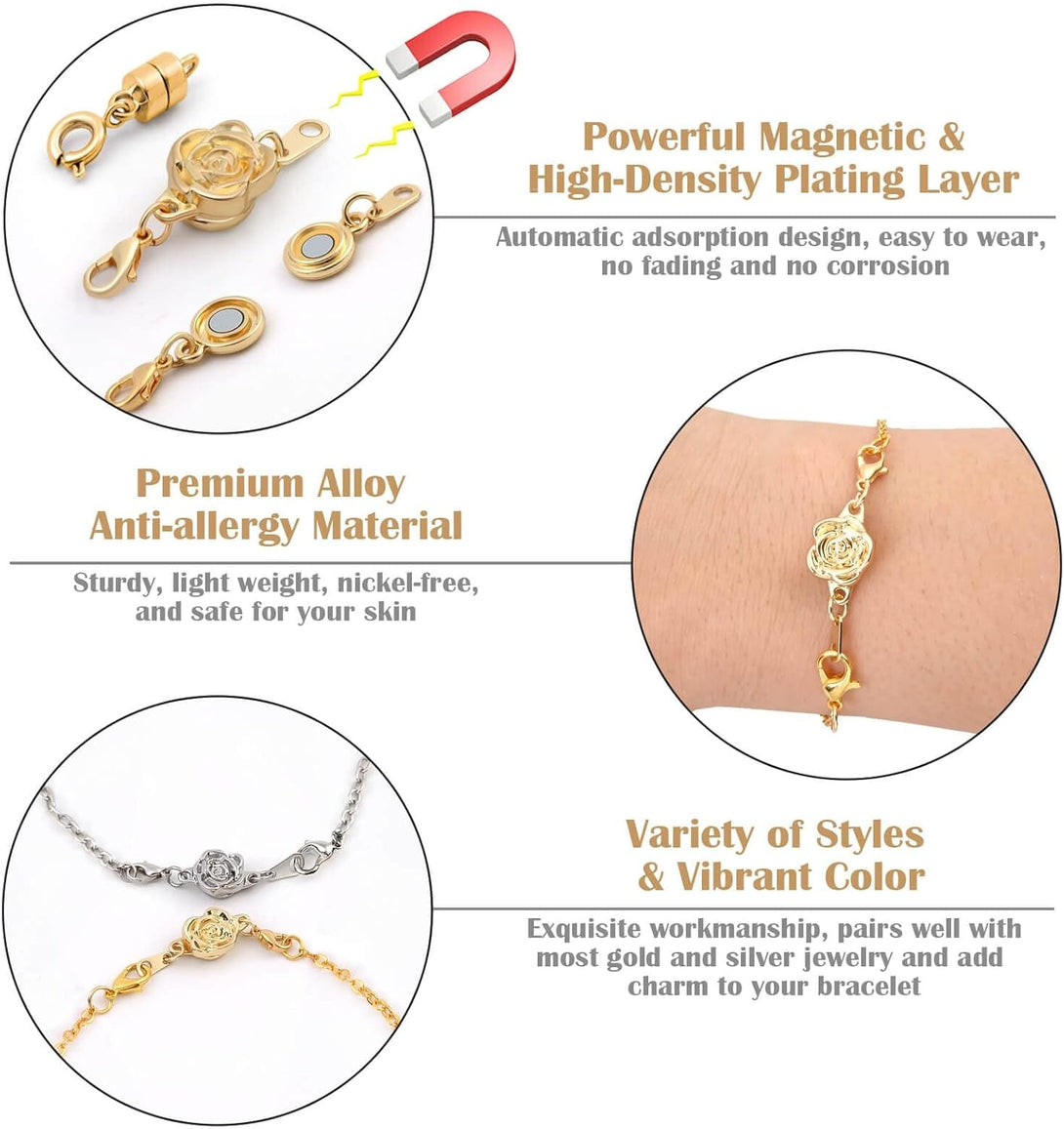 18 Pcs 3 Styles Magnetic Necklace Clasps and Closures, Rose round Cylindrical Jewelry Magnetic Clasp Connector Locking Magnetic Clasp Bracelet Extender for Jewelry Making (Gold, Silver)