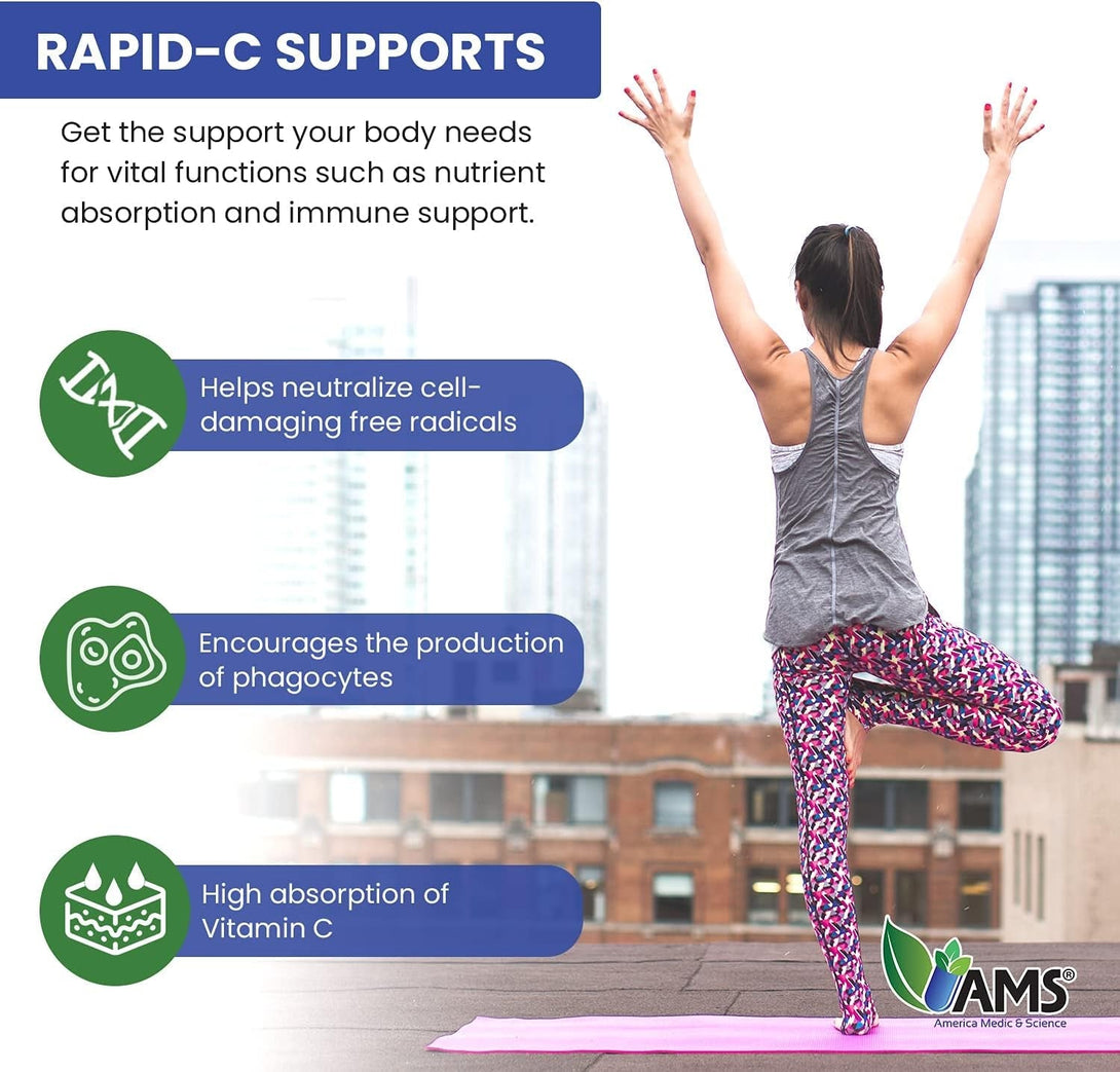 America Medic & Science Rapid-C 1000Mg Vitamin C Supplement (2 Pack of 100 Tablets) Energy Booster, Daily Immune System Support, Antioxidant | Vegan, Non-Gmo Coated Ascorbic Acid for Adult Men & Women
