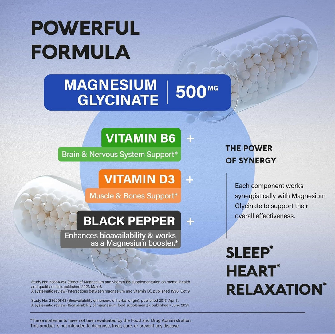 Magnesium Glycinate 500 Mg - Chelated Supplement - 98% High Absorption - Support for Sleep, Muscle & Heart Health - Made in USA, Lab Tested & Non-Gmo - 120 Capsules