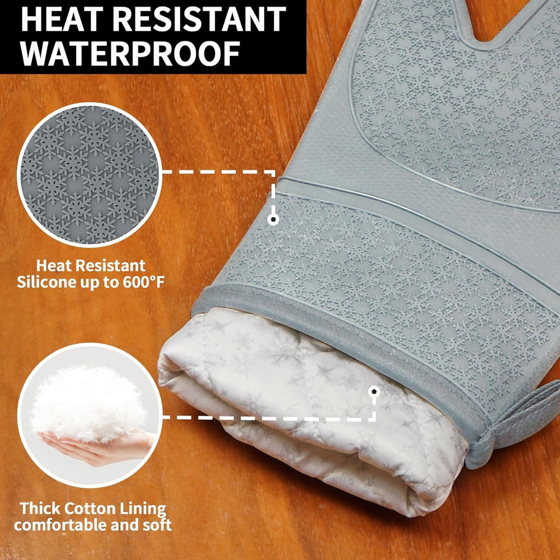 Hovico Silicone Oven Mitts, Oven Gloves with Non-Slip Waterproof - 2PCS Grey Oven Mittens Heat Resistant 600 Degree, Soft Lining Silicone Oven Mits for Cooking Baking Kitchen Mitten