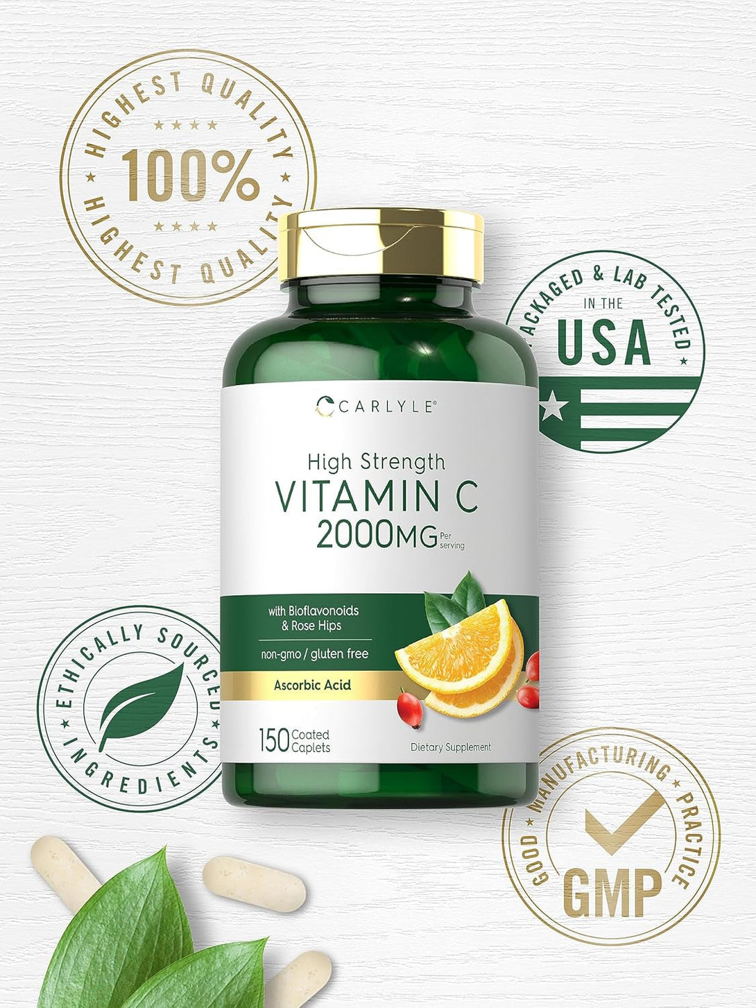 Carlyle Vitamin C 2000Mg | with Rose HIPS | 150 Caplets | Vegetarian, Non-Gmo, Gluten Free Supplement
