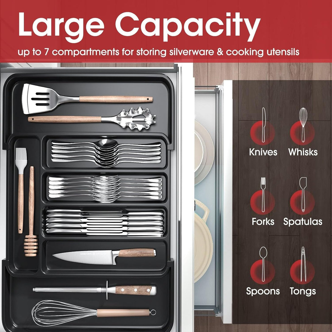 AUJEN Silverware Organizer - Expandable Kitchen Drawer Organizer, Adjustable Utensil Organizer, Cutlery Drawer Organizer for Forks, Knives, Multipurpose Kitchen Organizers and Storage Solution, Black