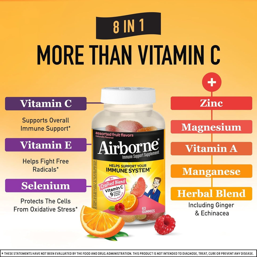 Airborne 750Mg Vitamin C Gummies for Adults, Immune Support Gummies with Powerful Antioxidants VIT C & E, Caffeine Free - 2X63Ct Bottle (42 Servings), Assorted Fruit Flavor