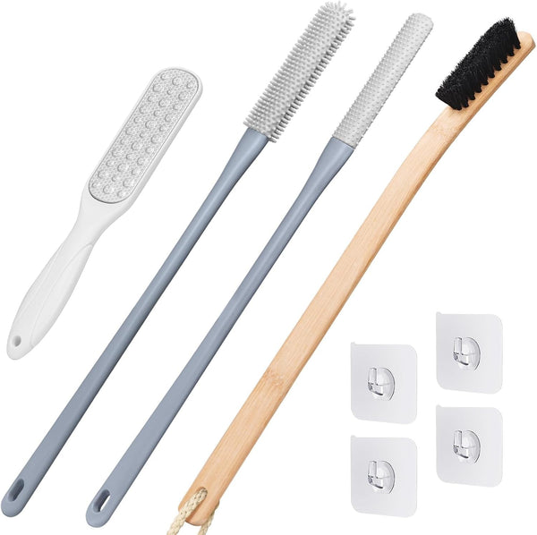 4 Pack Toe Cleaning Brush Set,Long Handle Bath Toe Brush Scrubber Bathroom for Seniors Elderly Men and Women (Grey)