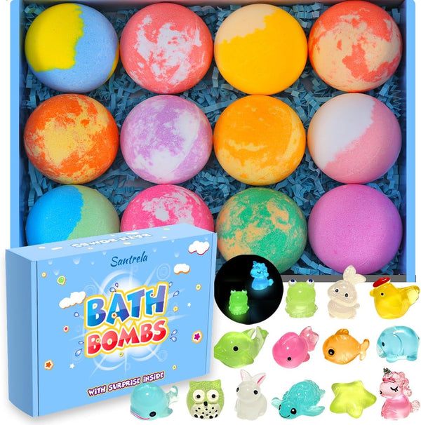Bath Bombs for Kids with Toys inside - 12 Pcs Handmade Bubble Bath Fizzies Bomb with Glow-In-The-Dark Surprise Toys Inside, Ideal Gift for Easter Eggs Stuffers Birthday Christmas