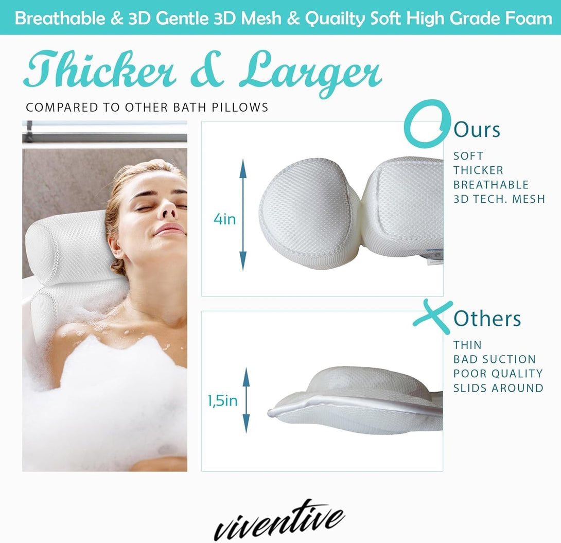 Luxury Bath Pillow for Tub - Non-Slip and Extra-Thick, Head, Neck, Shoulder and Back Support. Soft and Large Comfort Bathtub Pillow Cushion Headrest for Relaxation - Fits Any Tub Made of 3D Mesh