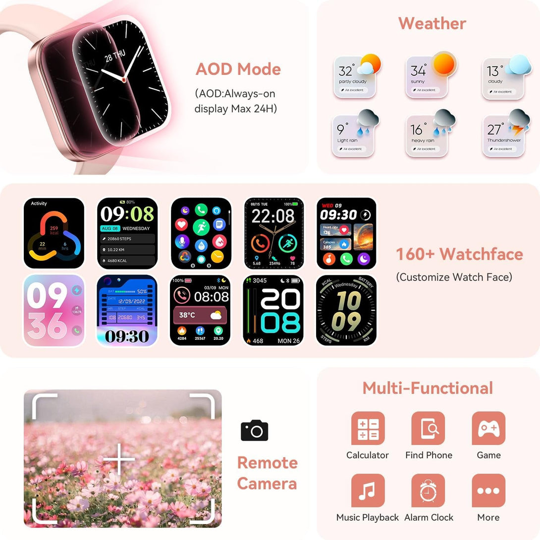 ENOMIR Smart Watch for Women Iphone & Android,1.99"" AMOLDE Screen 3ATM Waterproof Fitness Watch with Answer/Make Call AI Voice,24H-Heart Rate/Spo2/Bp Monitor/Sleep Monitor,100+ Sports Modes, Pink