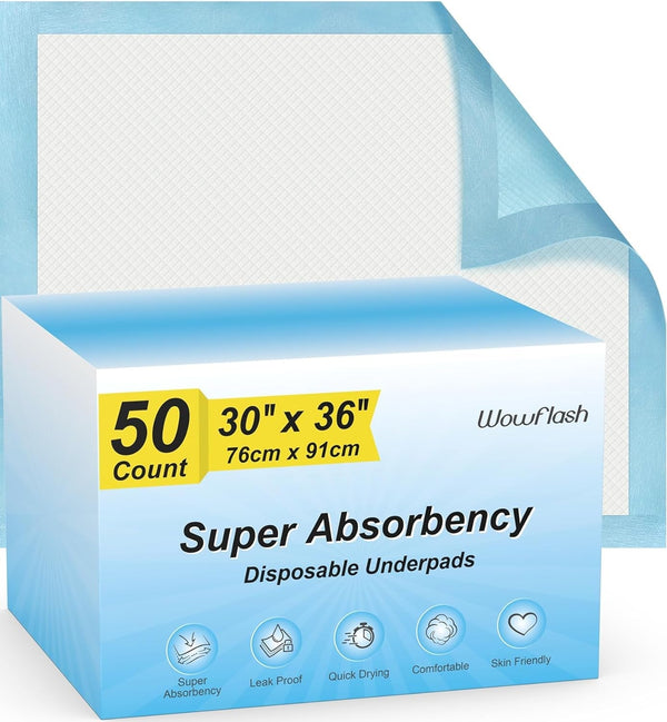 50 Count 30â€ X 36â€ Super Absorbency Disposable Underpads, Leakproof Quick Drying, Baby Puppy & Adults Bed Pads Disposable Adults, Dog Pee Pads Extra Large, XXL Incontinence Pads
