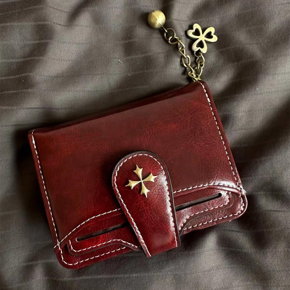 Small Wallet for Women Zip Bifold Vintage Wallet Goth Purse Mini Leather Cash Wallets with Zipper Coin Pocket (Red,Small)