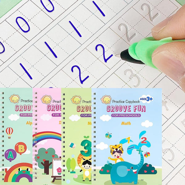 4 Pc Magic Grooved Writing Practice for Kids -Reusable Handwriting Practice Book,Magic Copybooks for Kids,Grooved Writing Books for Kids 3-5