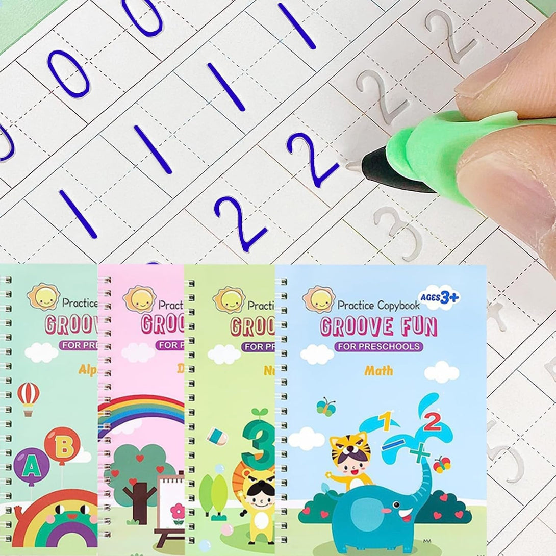 4 Pc Magic Grooved Writing Practice for Kids -Reusable Handwriting Practice Book,Magic Copybooks for Kids,Grooved Writing Books for Kids 3-5