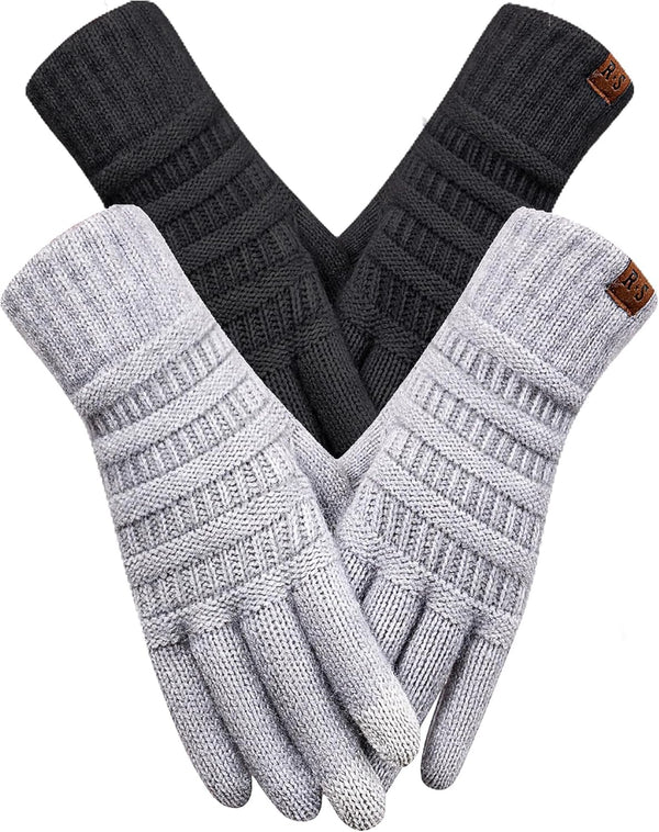 REACH STAR 2 Pairs Winter Gloves for Women - Upgraded Touch Screen Warm Knit Gloves Cold Weather, Soft Fleece Lining Elastic