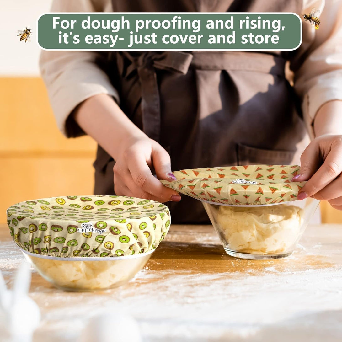 Li'L Things Beeswax Bowl Covers – Reusable Food Wrap Set of 5 | Eco-Friendly, Sustainable, Washable & Breathable Covers for Bowls, Jars & Containers (XS/S/M/L/XL) | Fruity Fruit