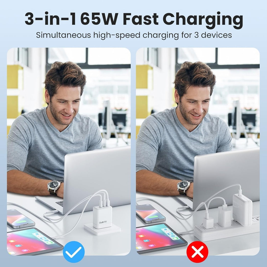 65W Power Adapter US Plug, 3-Port USB C and USB a Charger with PD/QC 3.0, Compact Gan Technology for Travel, Office, Home, Travel Friendly and Thermal Protection