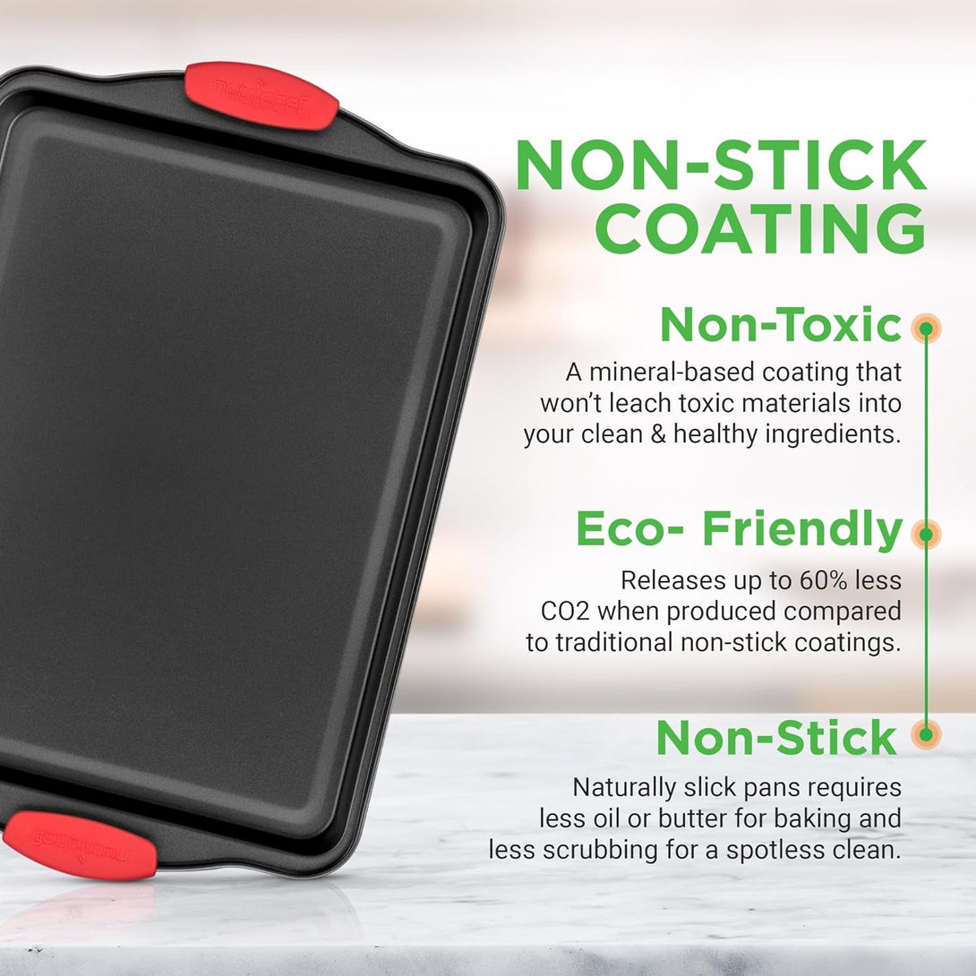 Nutrichef 3-Piece Nonstick Kitchen Oven Baking Pans - Premium & Stylish Non-Stick Steel, Commercial Grade Restaurant Quality Metal Bakeware with Red Silicone Handles - Easy to Clean, NCSBS3S