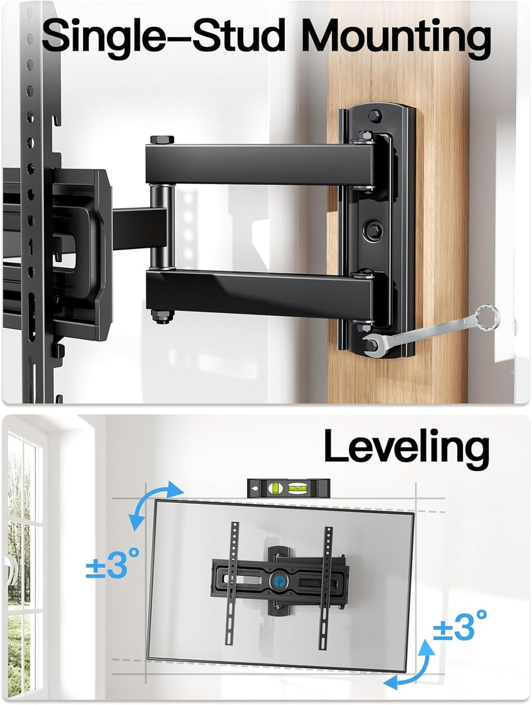 Pipishell Full Motion TV Wall Mount for Most 26-60 Inch Flat & Curved Tvs up to 77 Lbs, Adjustable Bracket Height, Single Articulating Arm, Extension, Max VESA 400X400Mm, PIMF9