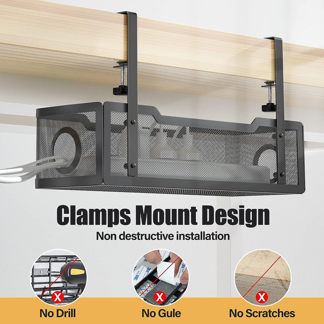 Under Desk Cable Management Tray Black, Cinati Wire Organizers No Drill, Cable Tray with Clamp for Wire Management, Cord Organization Box for Office, Home - No Damage to Desk