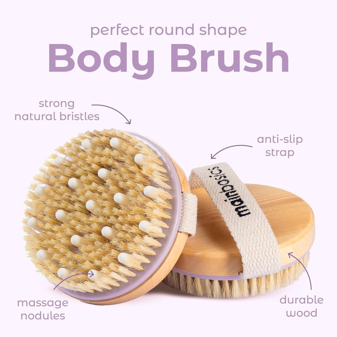 Mainbasics Dry Brushing Body Brush for Lymphatic Drainage, Dry Skin, Cellulite, Blood Circulation with Exfoliating Natural Bristles and Massage Nodes for Flawless Skin