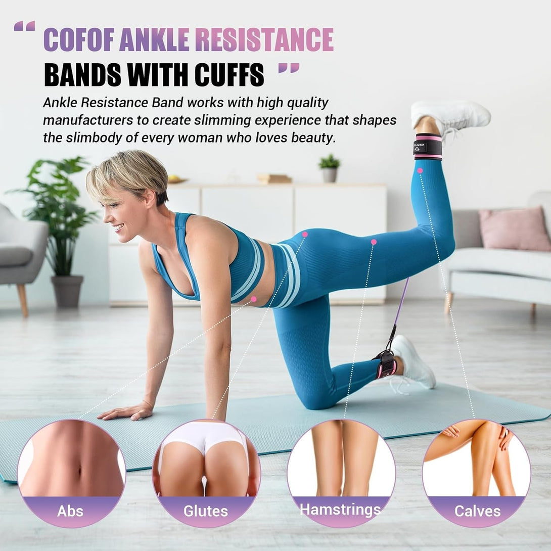 Ankle Resistance Bands with Cuffs for Working Out, Kickbacks, Hip, Leg and Glute Exercise - Training Poster Included - for Women