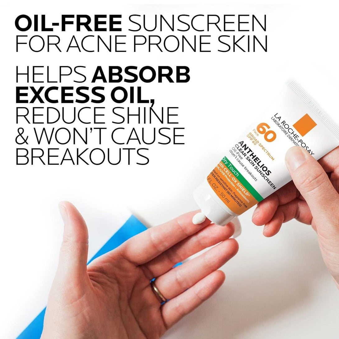 La Roche-Posay Anthelios Clear Skin Sunscreen Dry Touch SPF 60, Oil Free Sunscreen for Face, Oil Absorbing, Broad Spectrum SPF + Antioxidants, Non-Greasy, Oxybenzone Free, Travel Size