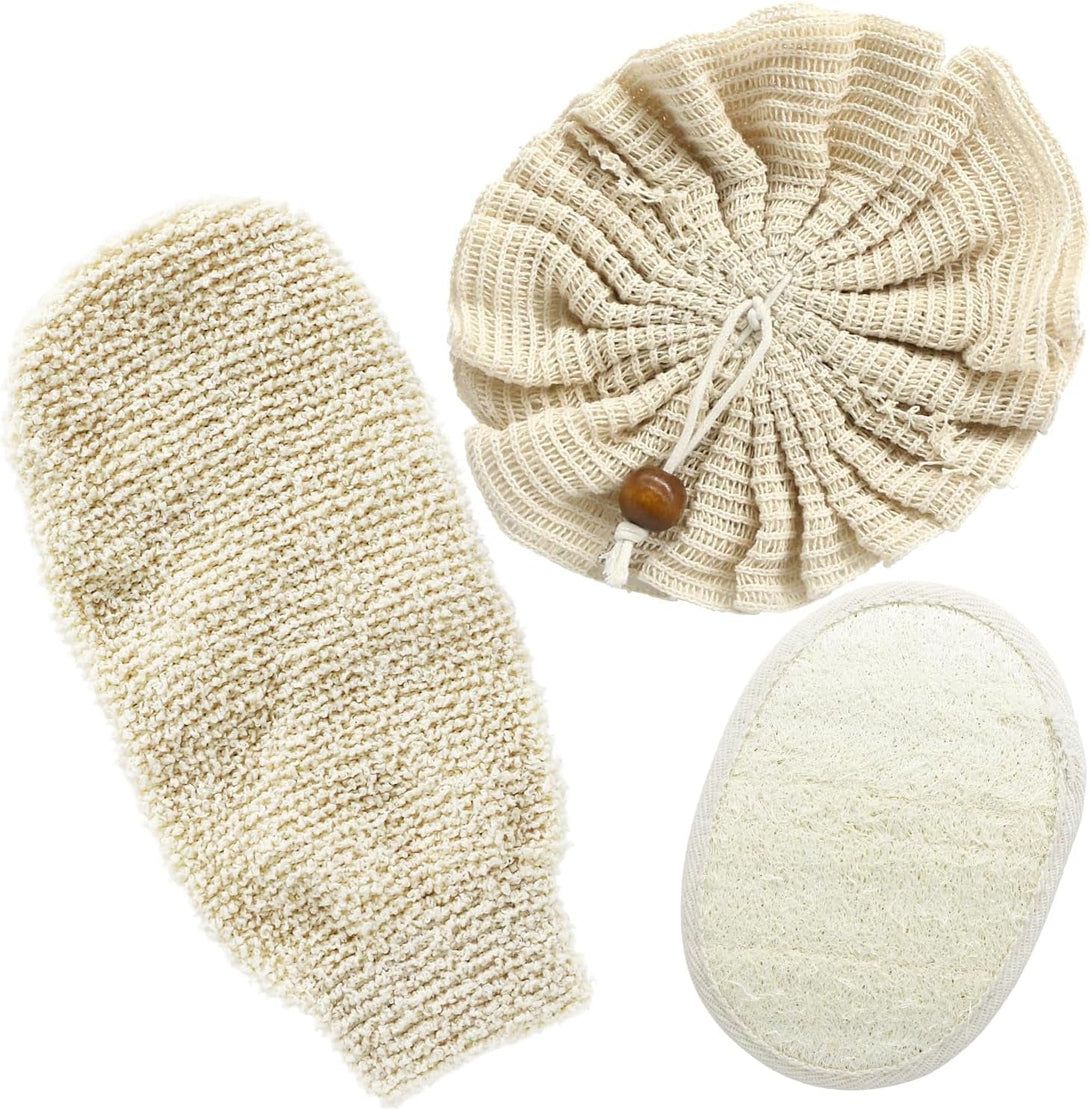 Natural Hemp Bath Mitts & Loofah Gloves Set - Exfoliating Shower Gloves for Women and Men, Organic Fiber Body Scrubber, Reusable Eco-Friendly Bath Accessories (3-Pack)
