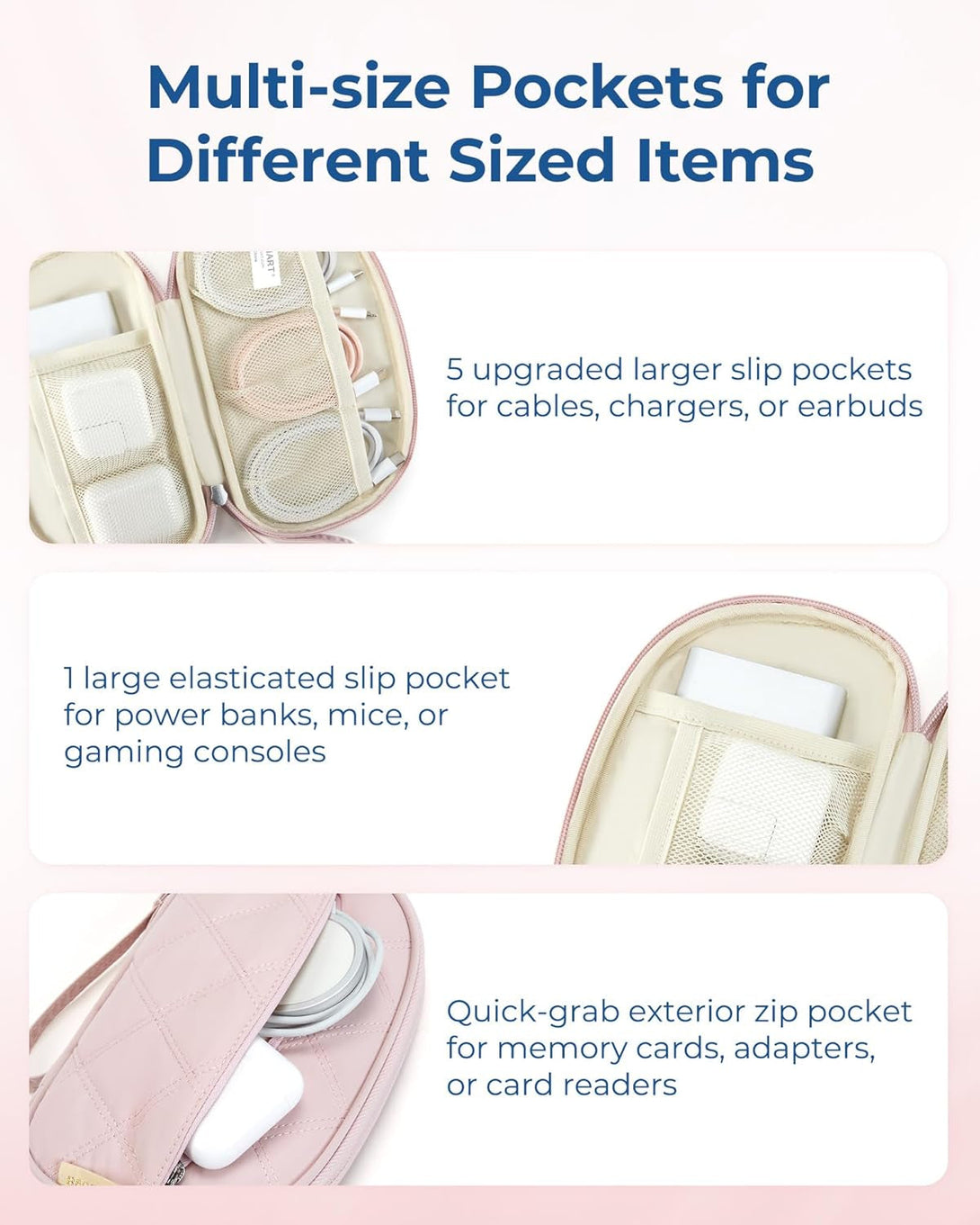 BAGSMART Cord Organizer Travel Cable Bag, Compact Tech Electronic Organizer Travel Case, Essentials for Charger, Cable, Phone, Flash Drive - Pink